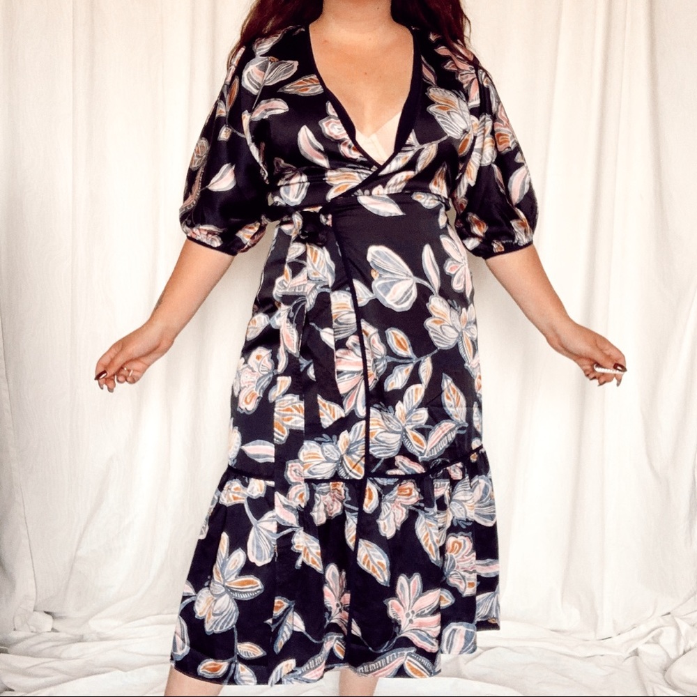 FOXIEDOX blue floral puff sleeve wrap midi dress